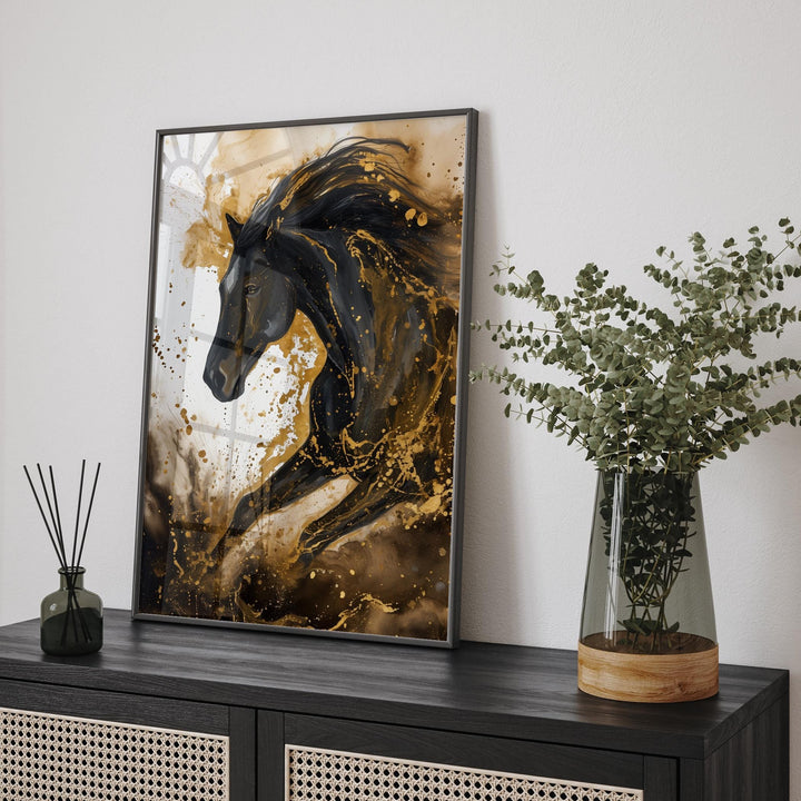 Horse Wall Art In Black and Gold | Abstract Animal Painting