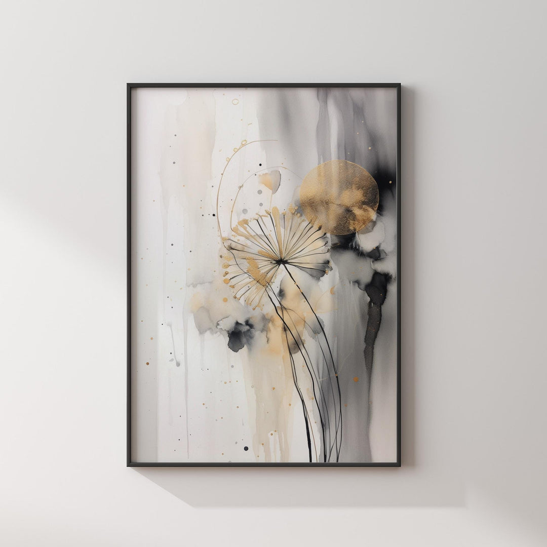 Dandelion Black, Grey and Gold  Wall Art Print | Nature-Inspired Botanical Decor