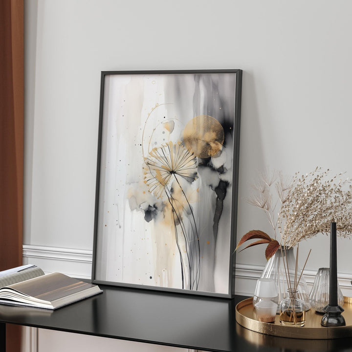 Dandelion Black, Grey and Gold  Wall Art Print | Nature-Inspired Botanical Decor