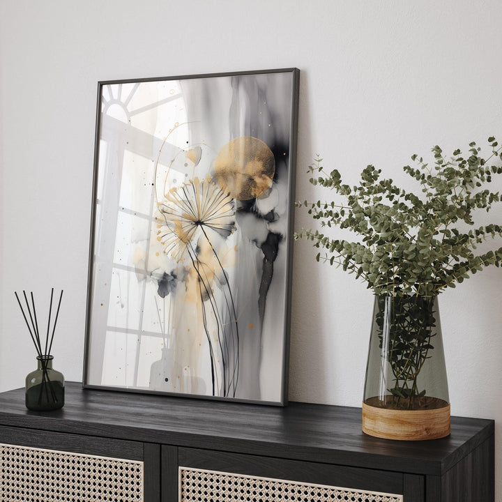 Dandelion Black, Grey and Gold  Wall Art Print | Nature-Inspired Botanical Decor