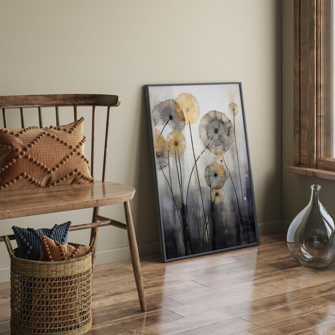 Dandelion Wall Art Print in Black, Grey, and Gold | Unframed Botanical Decor with Modern Floral Elegance