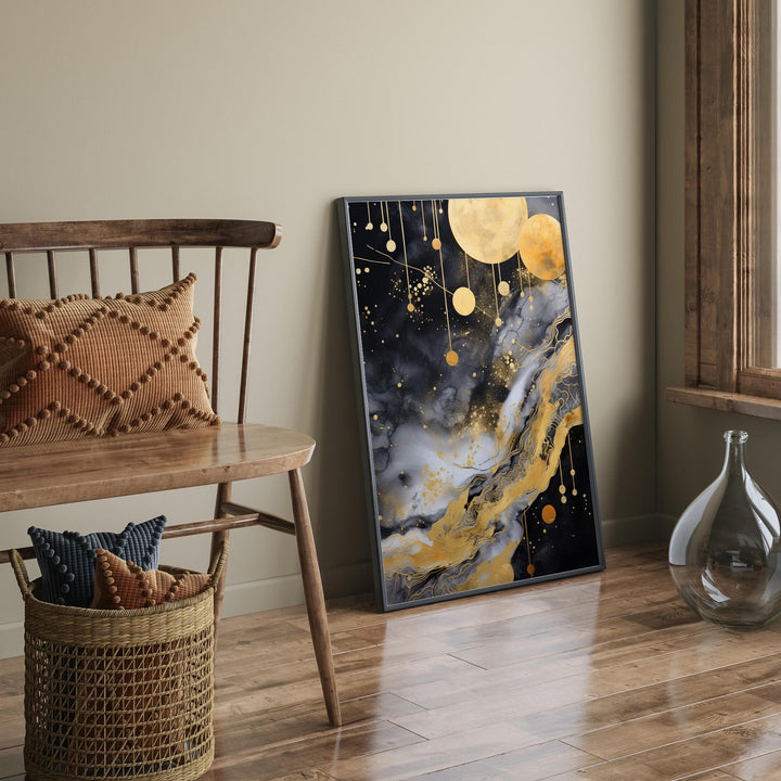 Galaxy Black and gold Abstract Floral Wall Art Print | Bold and Elegant Night Sky Artwork