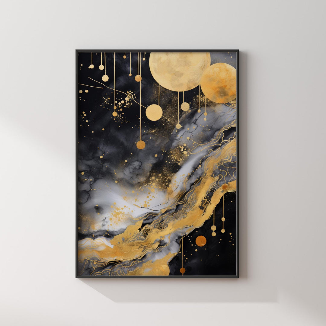 Galaxy Black and gold Abstract Floral Wall Art Print | Bold and Elegant Night Sky Artwork