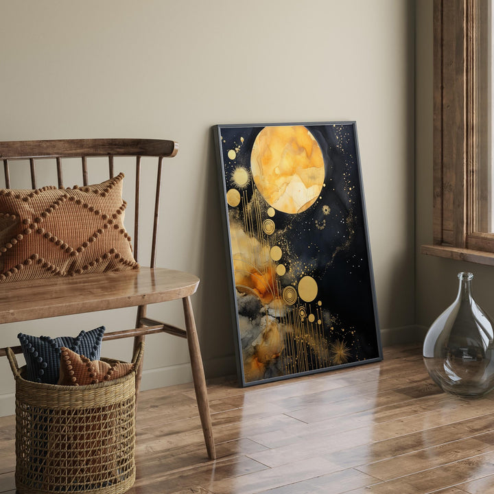 Galaxy Black and gold Modern Floral Wall Art Print | Universe Chic and Elegant Nature-Inspired Artwork