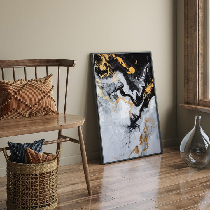 Geometric Lines, Gold, Black Picture Wall Floral Design Art Print | Elegant Decor for Any Space