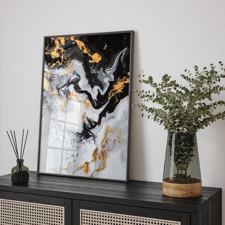 Geometric Lines, Gold, Black Picture Wall Floral Design Art Print | Elegant Decor for Any Space