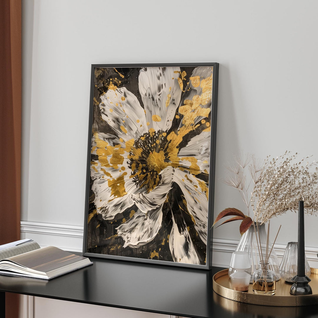 White Flower Gold Wall Print | Minimalist Art for Elegant Spaces