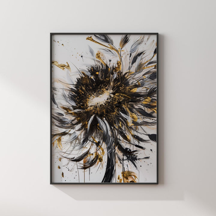 White Flower Bold Black and Gold Artwork | Striking Wall Print for Home & Office