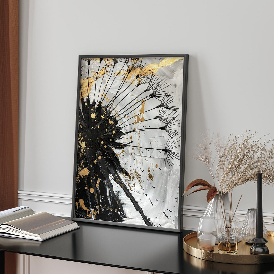 Black Flower Canvas Art |  Luxury Minimalist black and gold Print