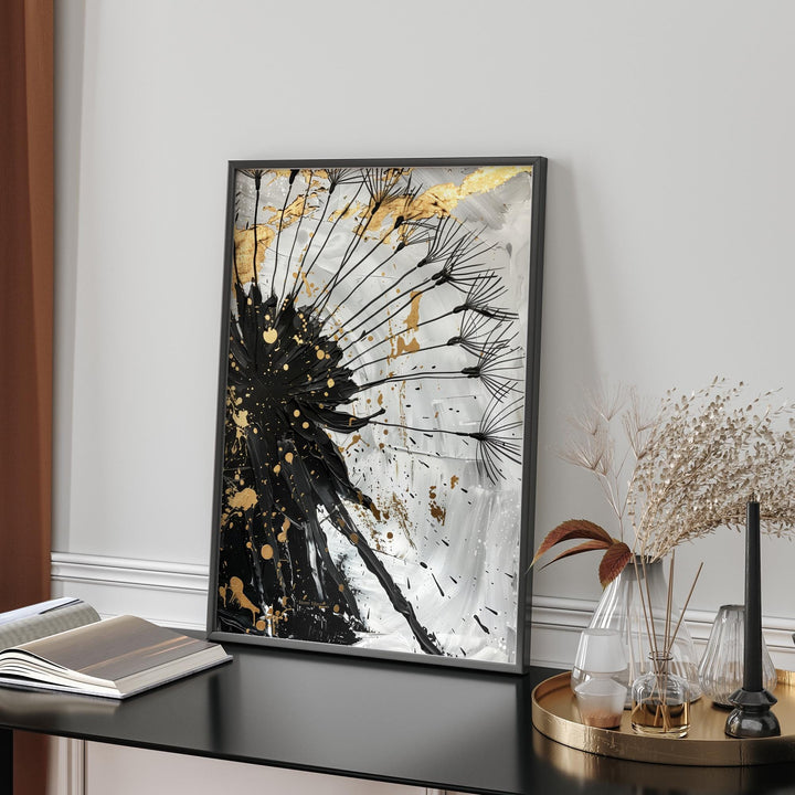 Black Flower Canvas Art |  Luxury Minimalist black and gold Print