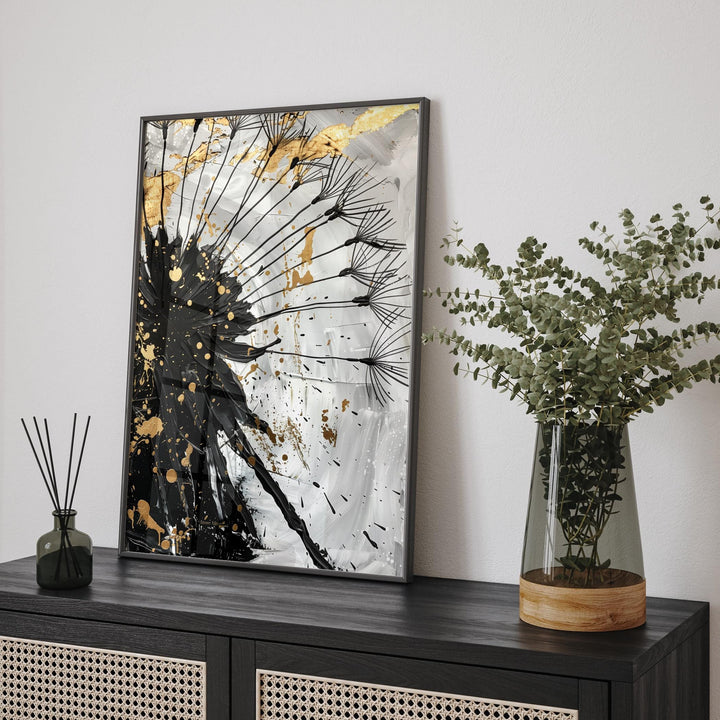 Black Flower Canvas Art |  Luxury Minimalist black and gold Print