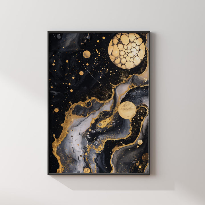 Galaxy Gold and Black Abstract Art Print | Modern Universe art for Elegant Home Decor