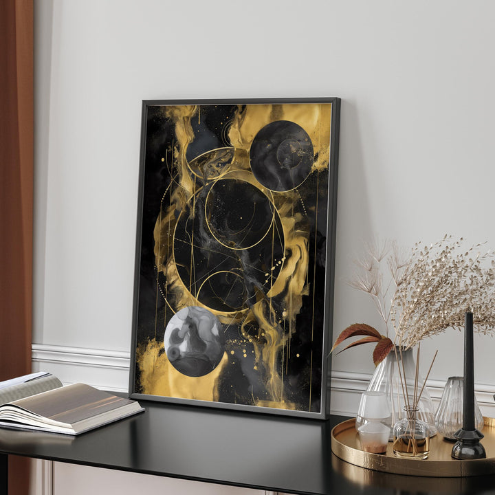 Solar System Art Print | Black and Gold Celestial Space Design for Modern Home Decor