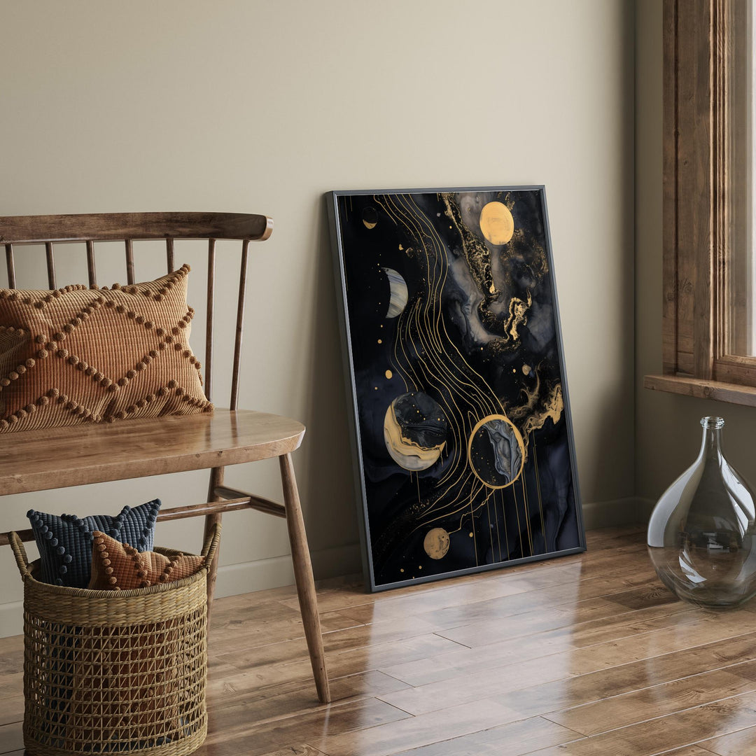 Solar System Art Print | Stunning Black and Gold Celestial Space Artwork for Modern Home or Office Decor