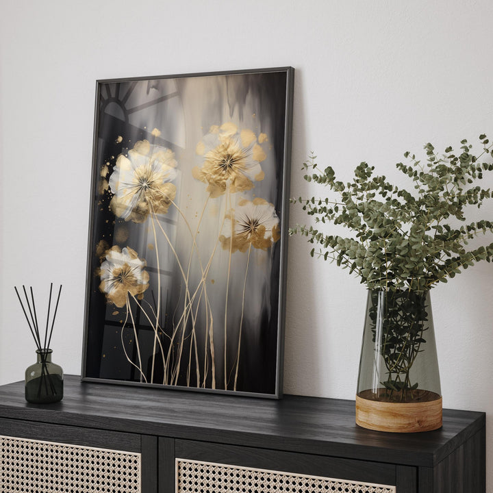 Dandelion Gold and White Flower Wall Art Print on Black Background | Modern Botanical Decor for Elegant Spaces