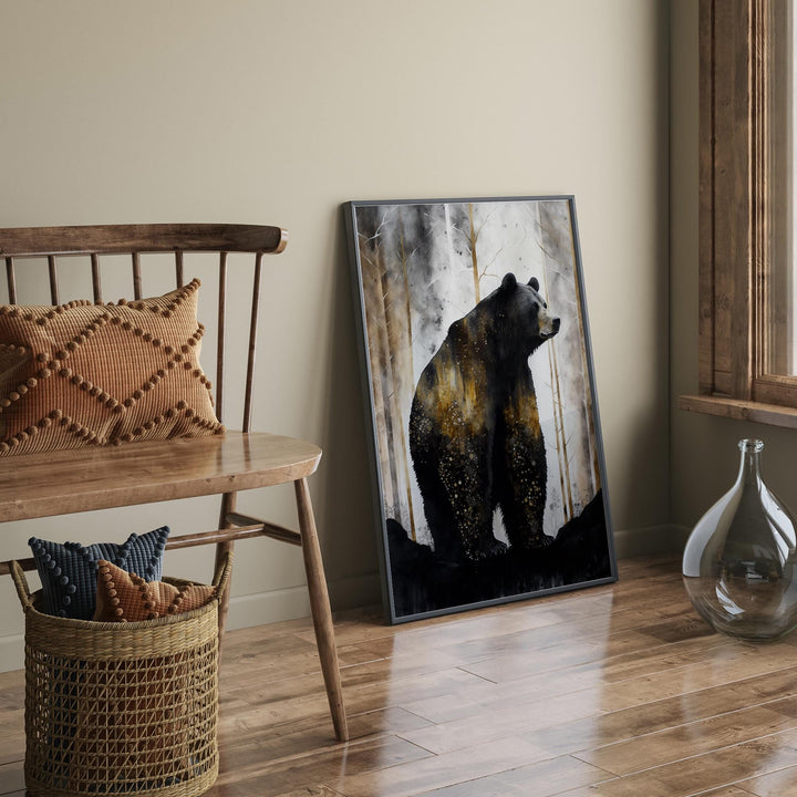 Black Bear Wall Art Print | Grey, and Gold  Nature Inspired Botanical Decor