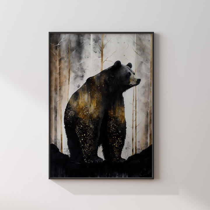Black Bear Wall Art Print | Grey, and Gold  Nature Inspired Botanical Decor