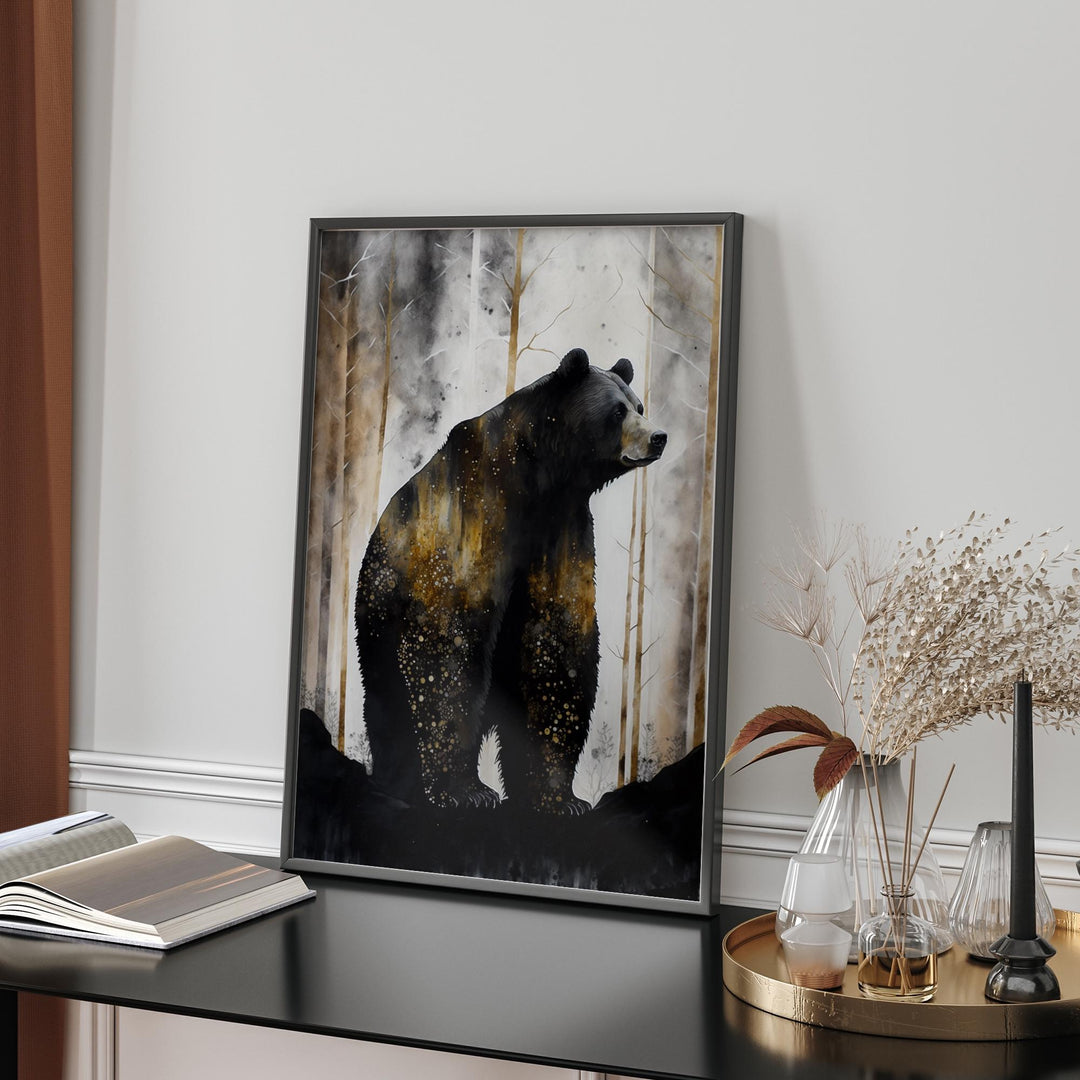 Black Bear Wall Art Print | Grey, and Gold  Nature Inspired Botanical Decor
