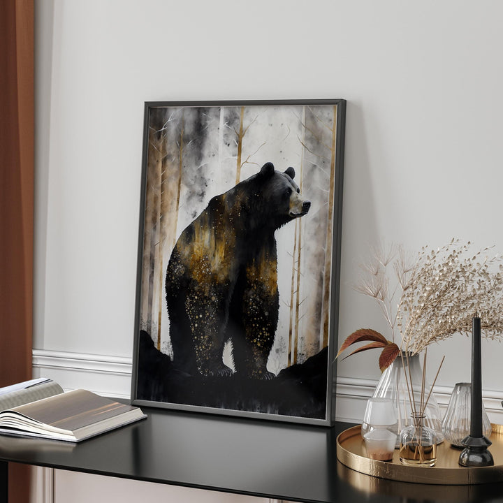 Black Bear Wall Art Print | Grey, and Gold  Nature Inspired Botanical Decor