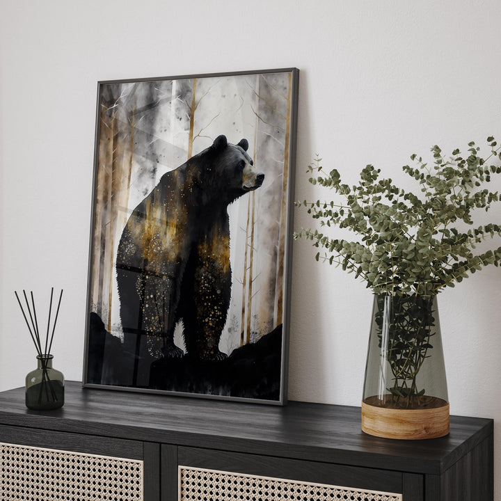 Black Bear Wall Art Print | Grey, and Gold  Nature Inspired Botanical Decor