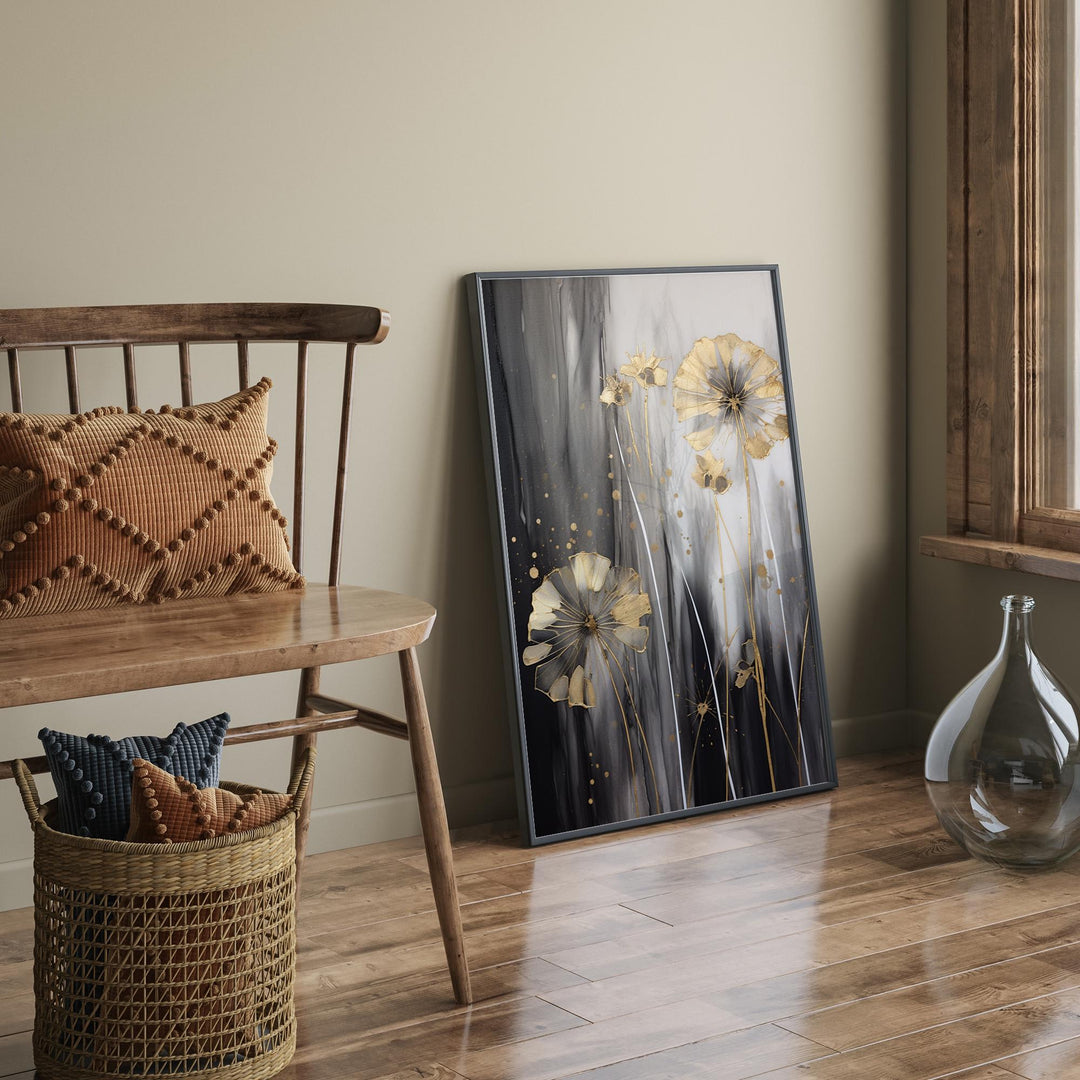 Dandelion Wall Art Print in Black, Grey, and Gold | Elegant Botanical and Floral Home Decor