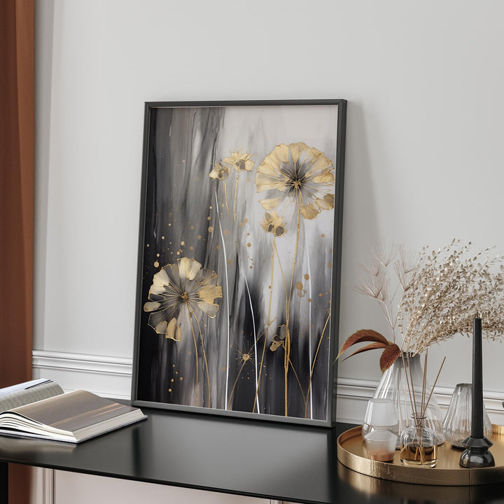 Dandelion Wall Art Print in Black, Grey, and Gold | Elegant Botanical and Floral Home Decor