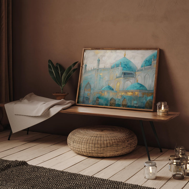 Afghanistan Wall Art | Blue Mosque In Mazar-i-Sharif | Ali | Teal & Gold Mosque Painting Art Print | Islamic Wall Art