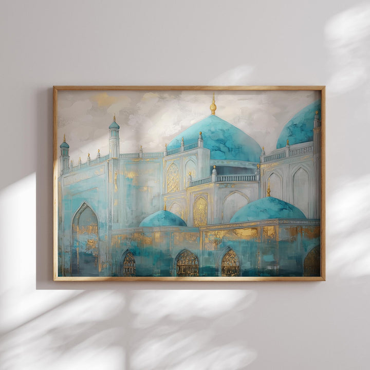 Afghanistan Wall Art | Blue Mosque In Mazar-i-Sharif | Ali | Teal & Gold Mosque Painting Art Print | Islamic Wall Art