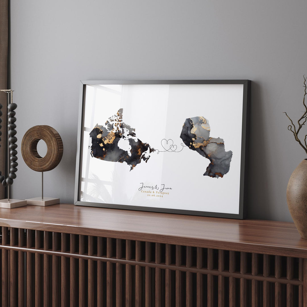 Canada and Paraguay Map Black & Gold Travel Wall Art Print | Canadian | Minimalist Decor | International Travel Art