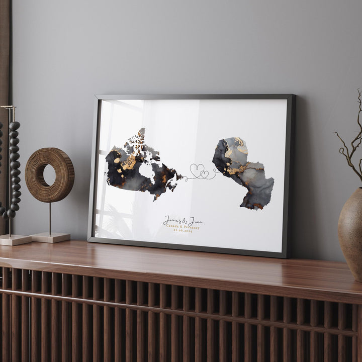 Canada and Paraguay Map Black & Gold Travel Wall Art Print | Canadian | Minimalist Decor | International Travel Art