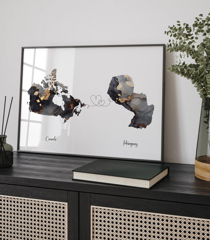 Canada and Paraguay Map Black & Gold Travel Wall Art Print | Canadian | Minimalist Decor | International Travel Art