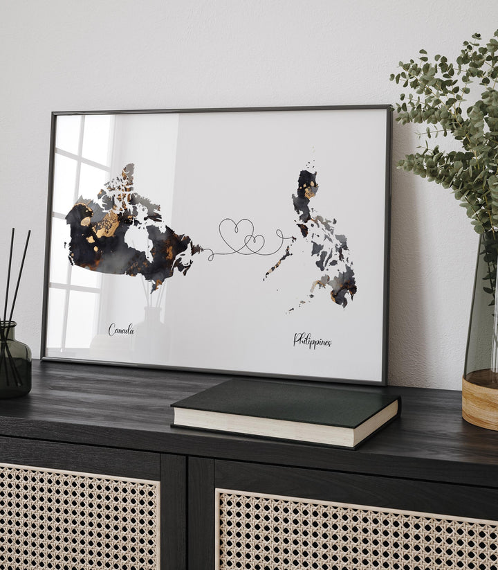 Canada and Philippines Map Black & Gold Travel Wall Art Print | Canadian | Minimalist Decor | International Travel Art