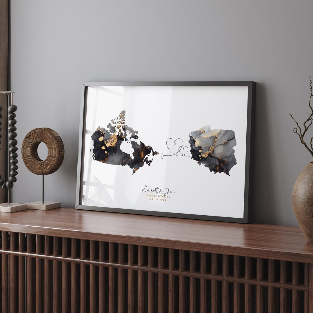 Canada and Poland Map Black & Gold Travel Wall Art Print | Canadian | Minimalist Decor | International Travel Art