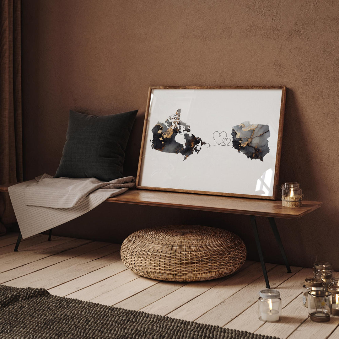 Canada and Poland Map Black & Gold Travel Wall Art Print | Canadian | Minimalist Decor | International Travel Art