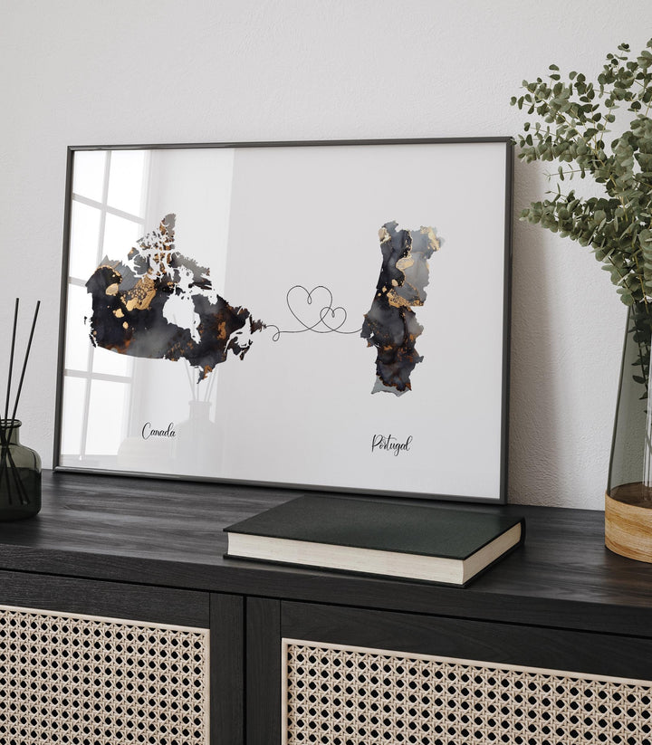 Canada and Portugal Map Black & Gold Travel Wall Art Print | Canadian | Minimalist Decor | International Travel Art