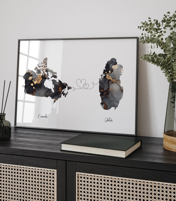 Canada and Qatar Map Black & Gold Travel Wall Art Print | Canadian | Minimalist Decor | International Travel Art