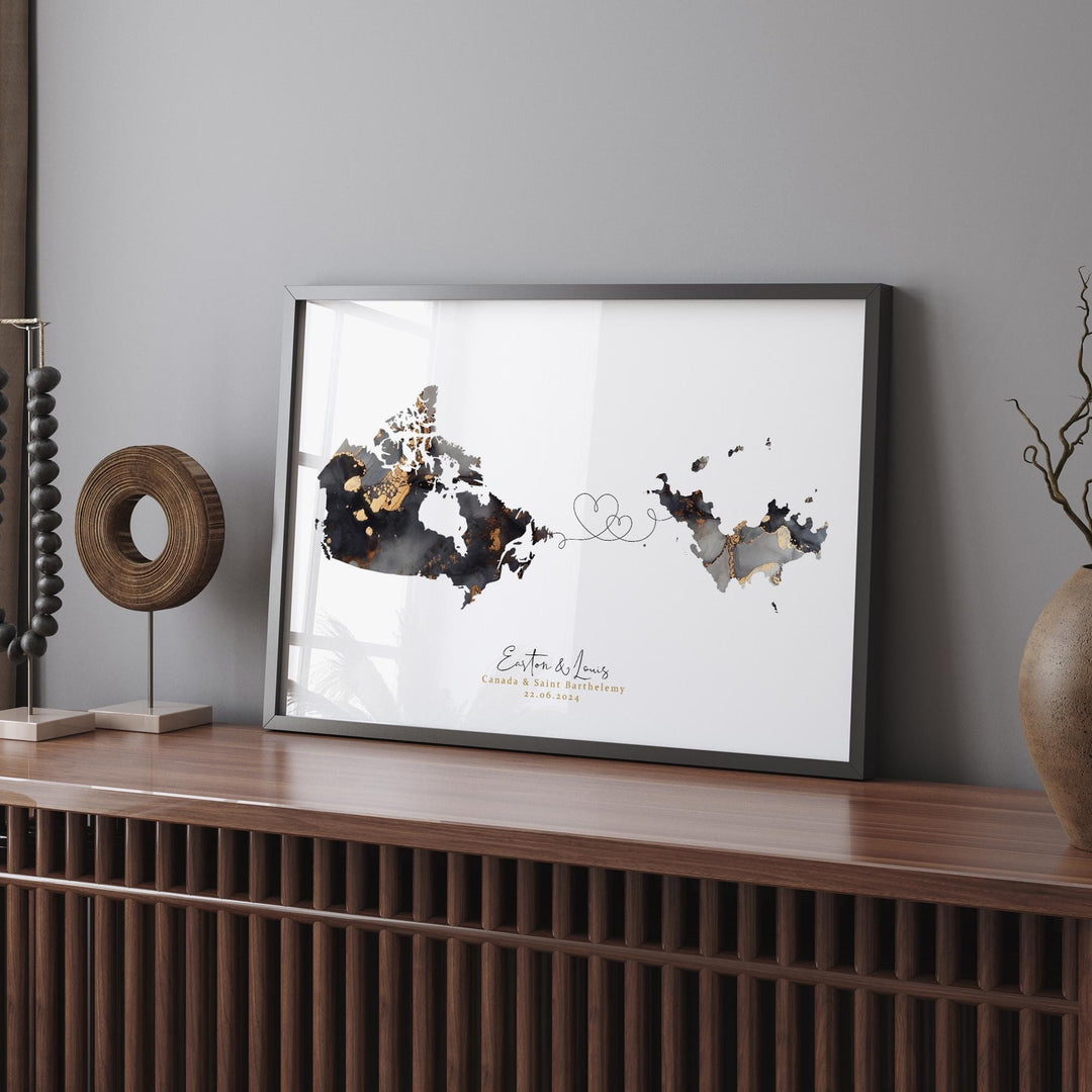 Canada and Saint Barthelemy Map Black & Gold Travel Wall Art Print | Canadian | Minimalist Decor | International Travel Art