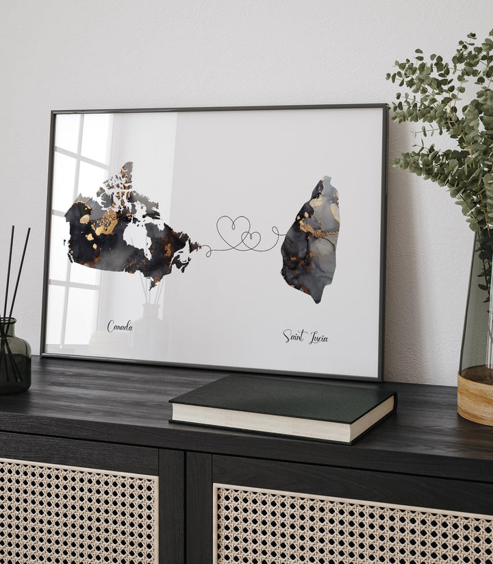 Canada and Saint Lucia Map Black & Gold Travel Wall Art Print | Canadian | Minimalist Decor | International Travel Art