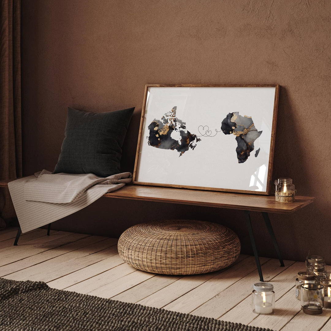 Canada and Africa Map Black & Gold Travel Wall Art Print | Canadian | Minimalist Decor | International Travel Art
