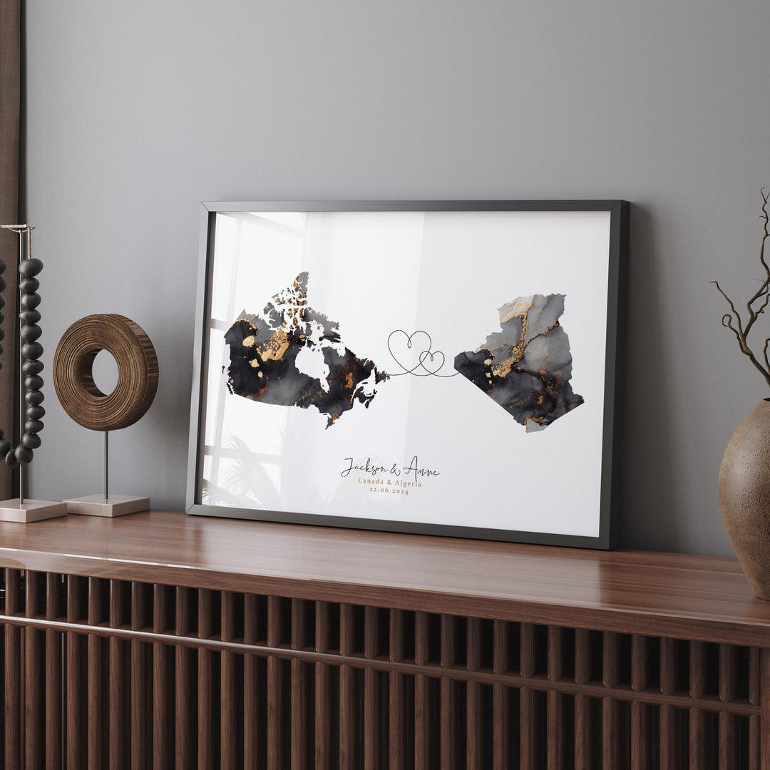 Canada and Algeria Map Black & Gold Travel Wall Art Print | Canadian | Minimalist Decor | International Travel Art