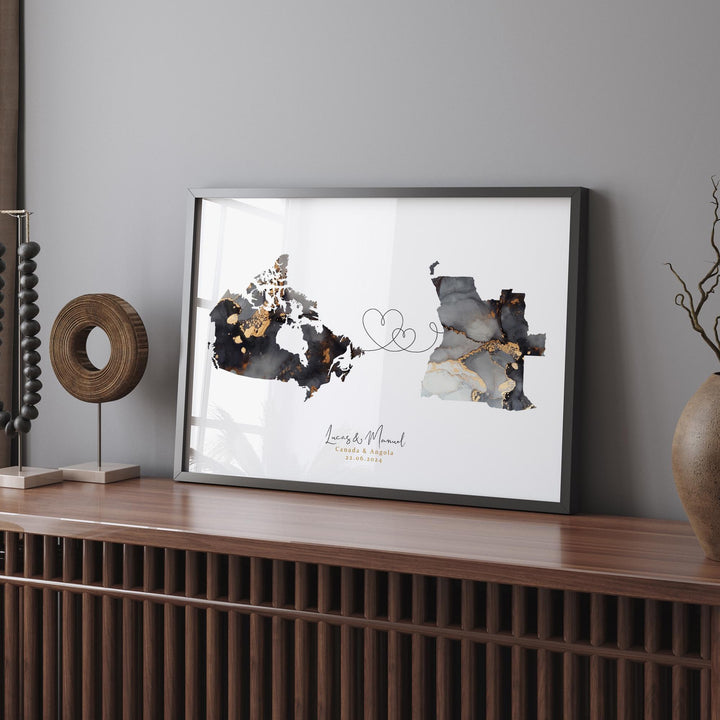 Canada and Angola Map Black & Gold Travel Wall Art Print | Canadian | Minimalist Decor | International Travel Art