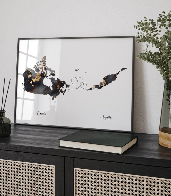 Canada and Anguilla Map Black & Gold Travel Wall Art Print | Canadian | Minimalist Decor | International Travel Art