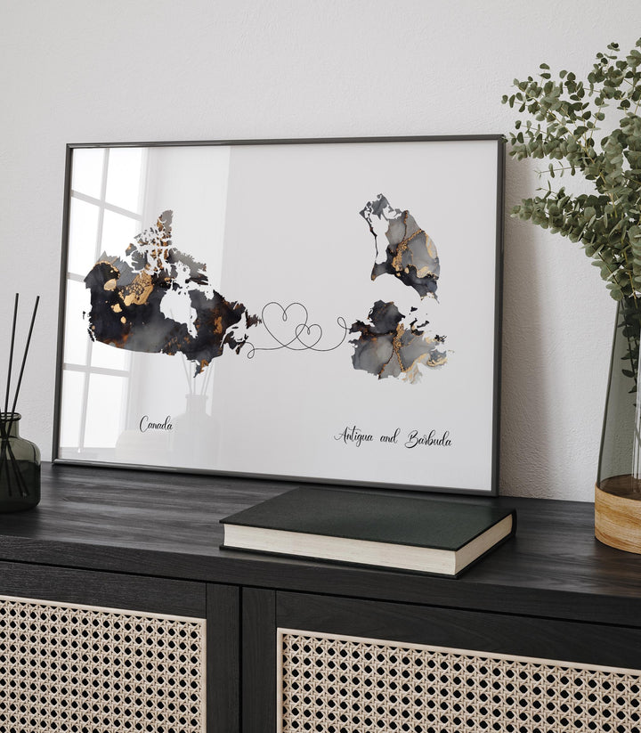 Canada and Antigua and Barbuda Map Black & Gold Travel Wall Art Print | Canadian | Minimalist Decor | International Travel Art