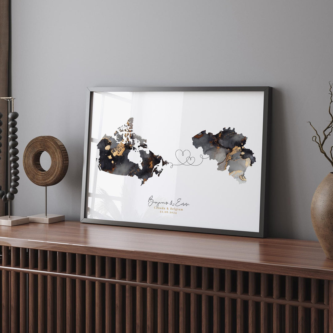 Canada and Belgium Map Black & Gold Travel Wall Art Print | Canadian | Minimalist Decor | International Travel Art