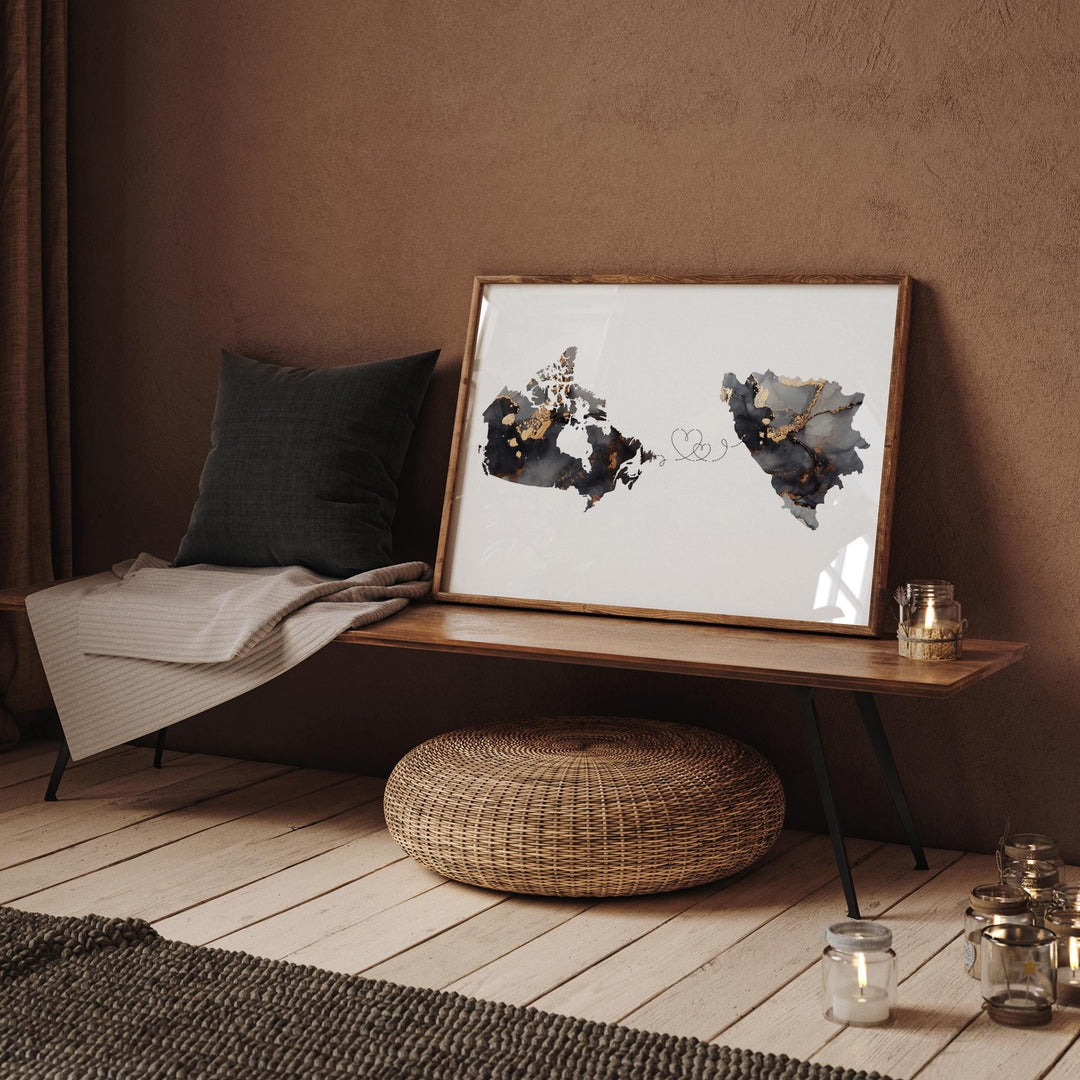 Canada and Bosnia and Herzegovina Map Black & Gold Travel Wall Art Print | Canadian | Minimalist Decor | International Travel Art