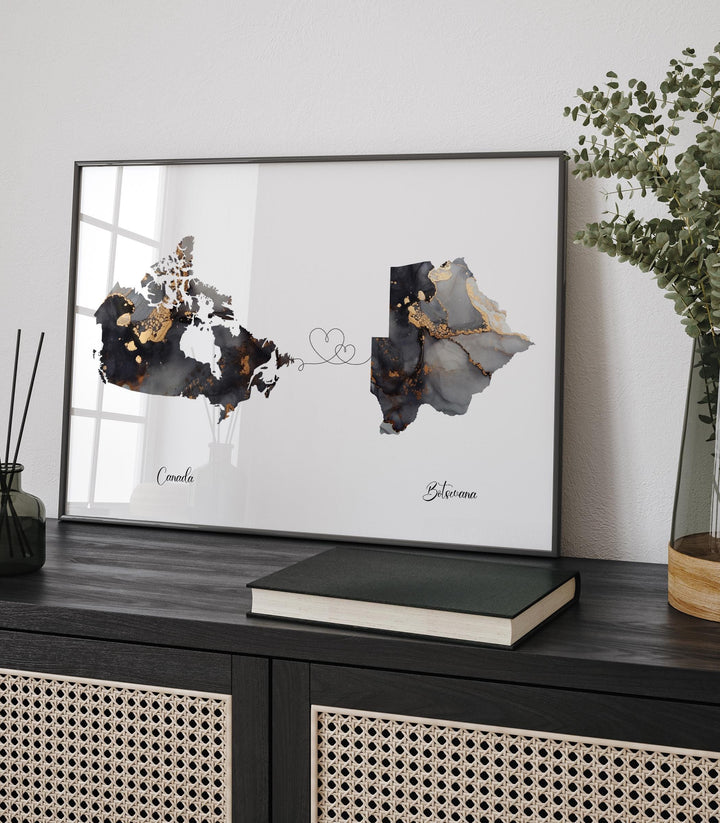 Canada and Botswana Map Black & Gold Travel Wall Art Print | Canadian | Minimalist Decor | International Travel Art