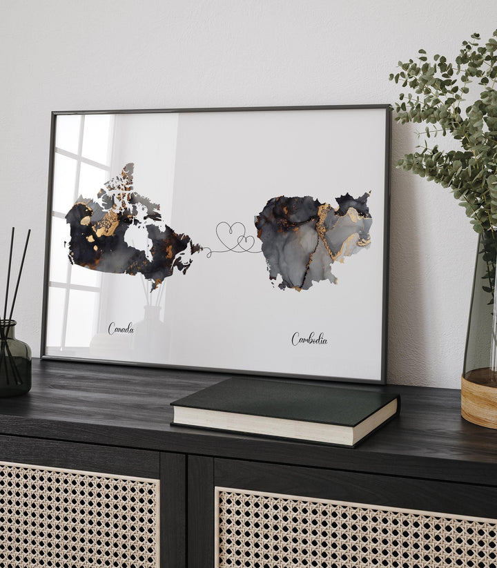 Canada and Cambodia Map Black & Gold Travel Wall Art Print | Canadian | Minimalist Decor | International Travel Art