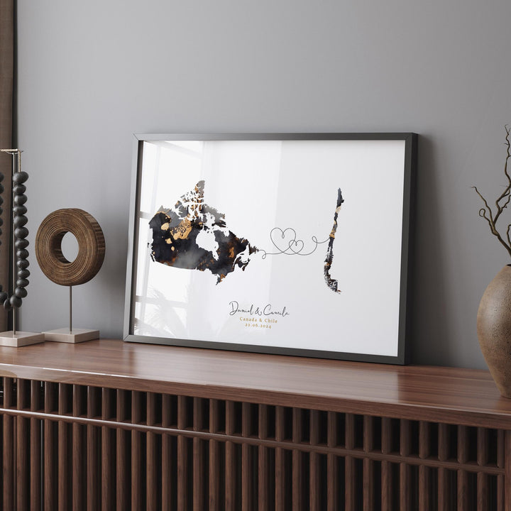 Canada and Chile Map Black & Gold Travel Wall Art Print | Canadian | Minimalist Decor | International Travel Art