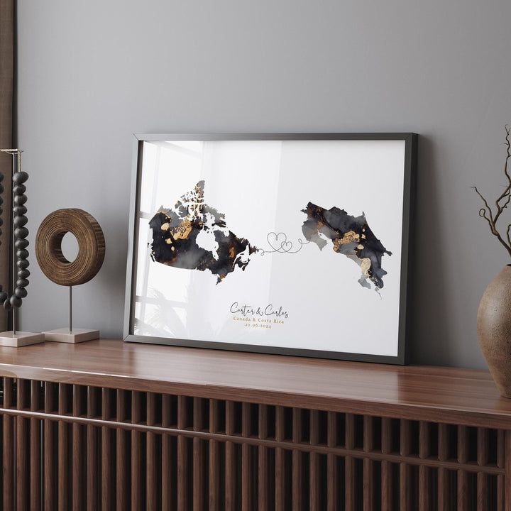 Canada and Costa Rica Map Black & Gold Travel Wall Art Print | Canadian | Minimalist Decor | International Travel Art