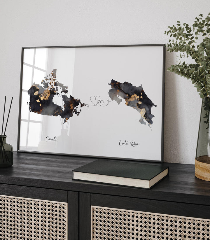 Canada and Costa Rica Map Black & Gold Travel Wall Art Print | Canadian | Minimalist Decor | International Travel Art